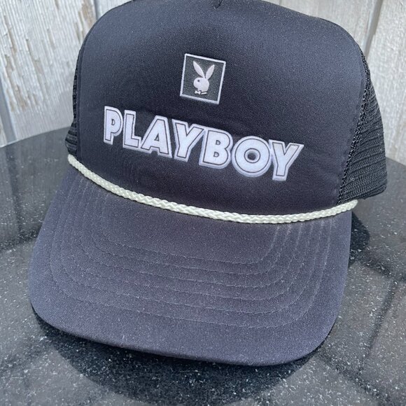 Playboy Vtg Black White Trucker Hat Ball Cap 70's 80's Logo Flawless - Picture 2 of 9